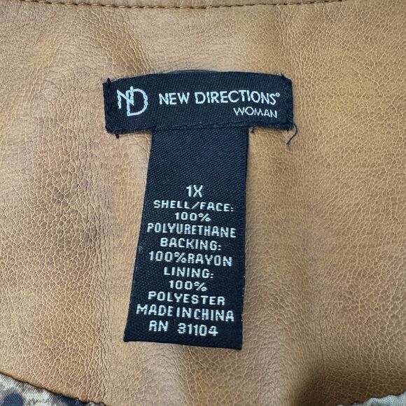 New Directions Woman 1X Tan Faux Leather Jacket Leopard Lined Open Front - Picture 3 of 13